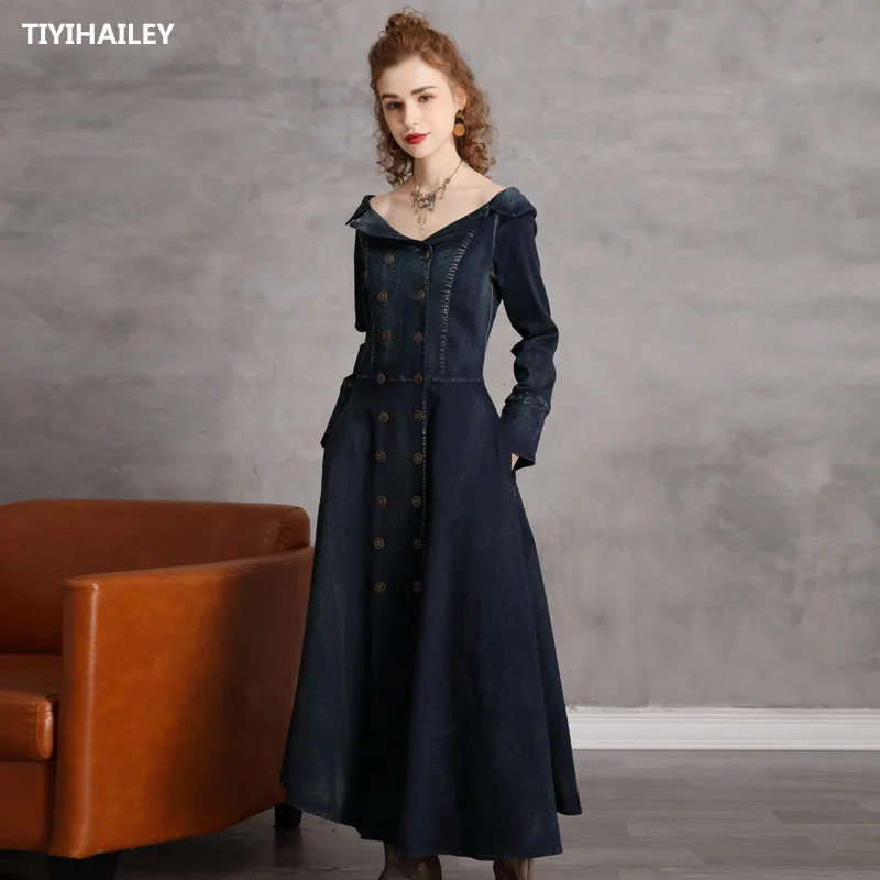 

TIYIHAILEY Free Shipping 2022 New Double Breasted Denim Dresses Women Long Sleeve Maxi S-XL Vintage Jeans Slash Neck Dresses
