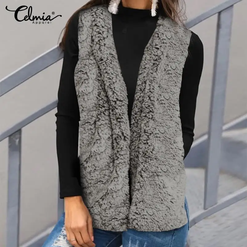 

Celmia Fashion Women Faux Fur Vest Hoodies Winter Casual Sleeveless Waistcoat Pockets Jackets Female Cardigan Plus Size Tops 5XL