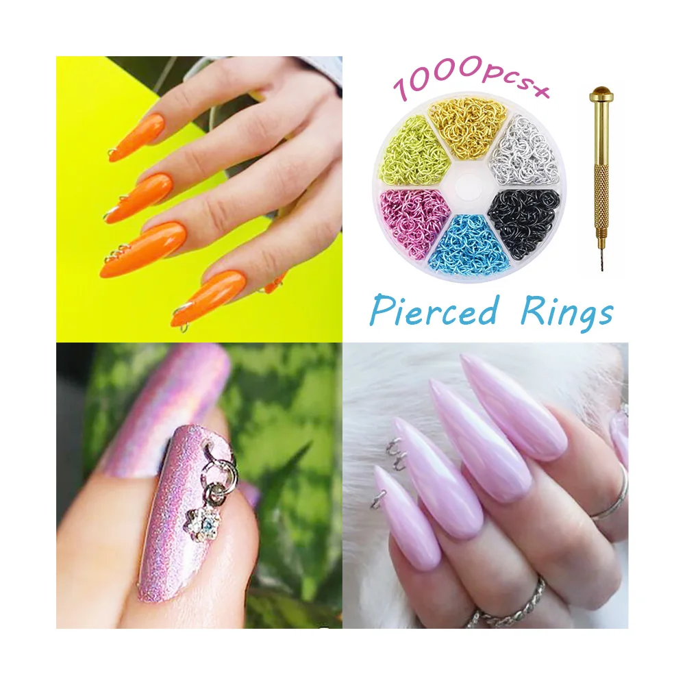 Mixed Color Piercing Nail Charms Nail Dangle Ring Metal Alloy Nail Jewelry Glitter 3D Nails Rhinestones Nail Art Decoration 4