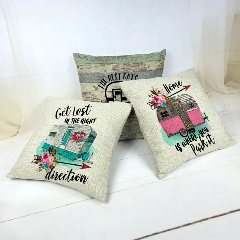 Pillow-Covers Travesseiro Happy-Campers-Adventure Camping Linen Waiting Cotton Car