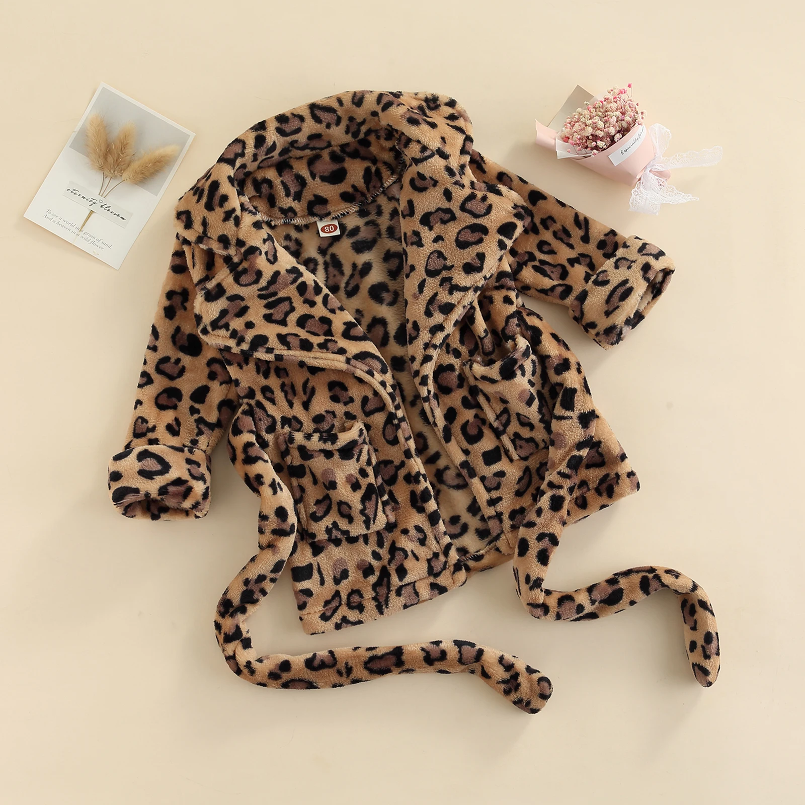 FOCUSNORM 1-6Y Autumn Winter Kids Girls Flannel Bathrobe Solid Color/Leopard Print Long Sleeve Sleeping Robe with Belt