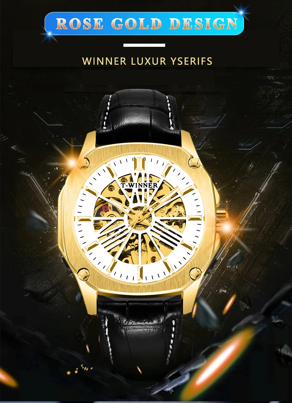 WINNER Топ бренд Мужские автоматические часы золотой полый Скелет Кожаный ремешок наручные мужские наручные часы в деловом стиле