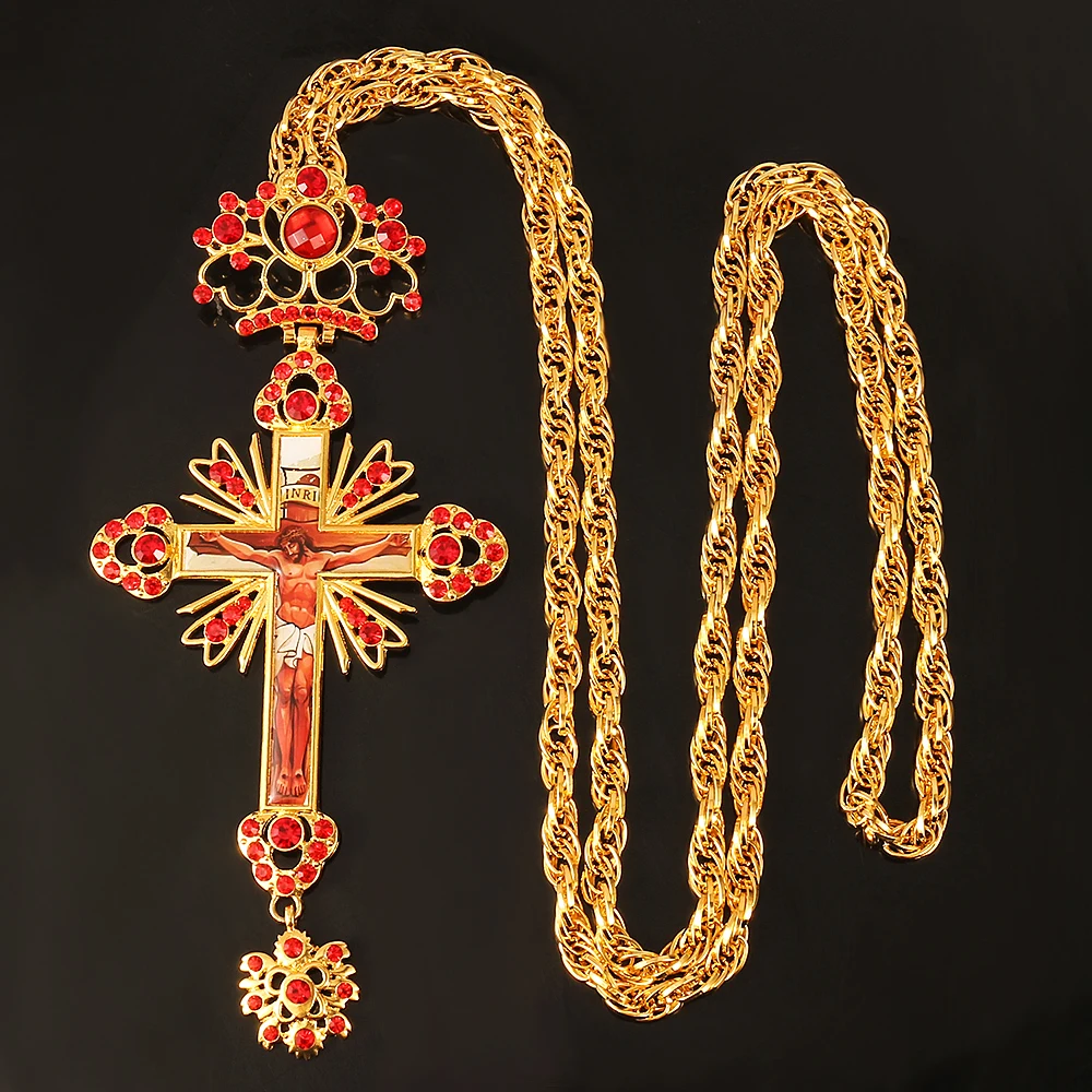 Грудные мышцы крест православное ожерелье Иисус подвески-кресты заполнены с красными кристаллами религиозные Цепочки и ожерелья ювелирных изделий, молитва деталей