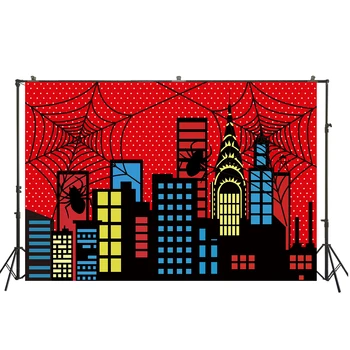 

photography backdrop Cartoon superhero spider building boy birthday party banner decorations photocall photo background W-3358