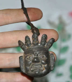 

wedding decoration Old Tibet Buddhism Cattle leather bronze Mahakala head statue amulet Pendant