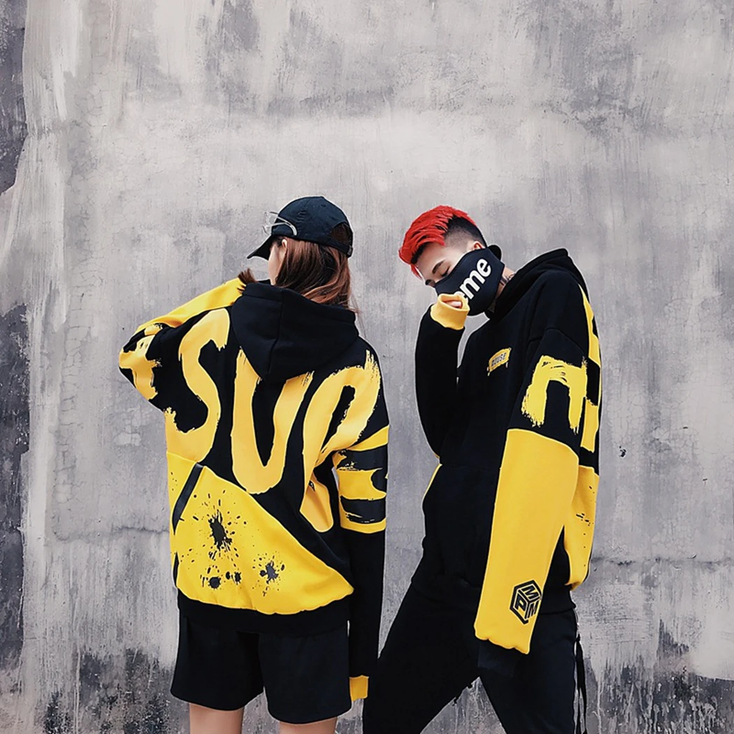 

New Autumn Loose Hoodie Hip Hop Yellow Sweatshirt Women Men Harajuku Long Sleeve Patchwork Hoody Hoodies Top Streetwear Pullover