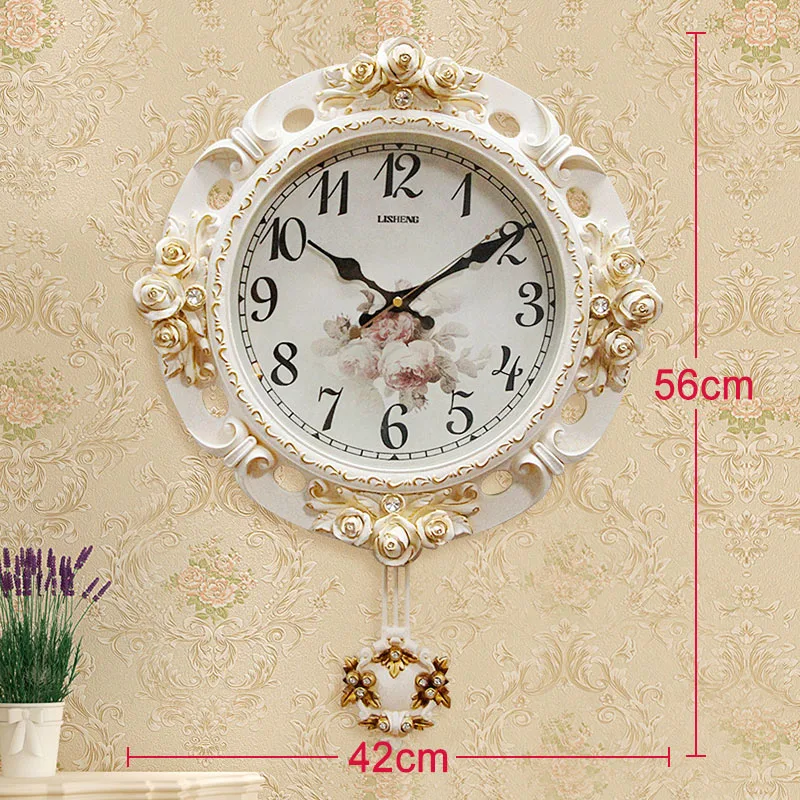 White Swing Pointer Mute Wall Clock Blue Large Retro Carved Rustic Flower Clock Z1217-1  