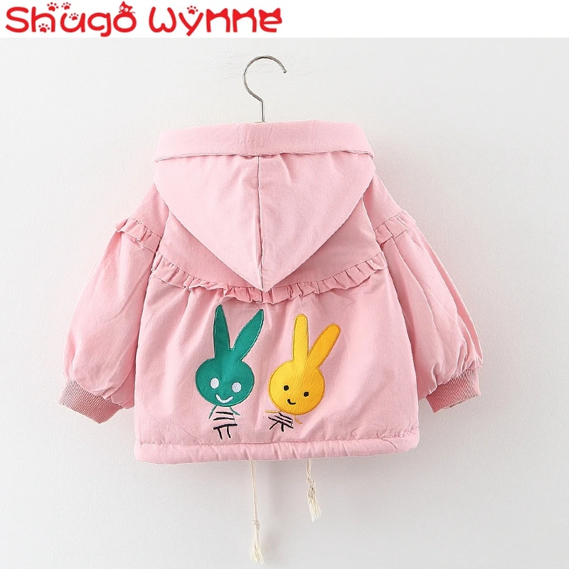Зимнее длинное хлопковое пальто с рисунком кролика для маленьких девочек, детская Толстая Повседневная куртка с капюшоном и длинными рукавами - Цвет: Розовый