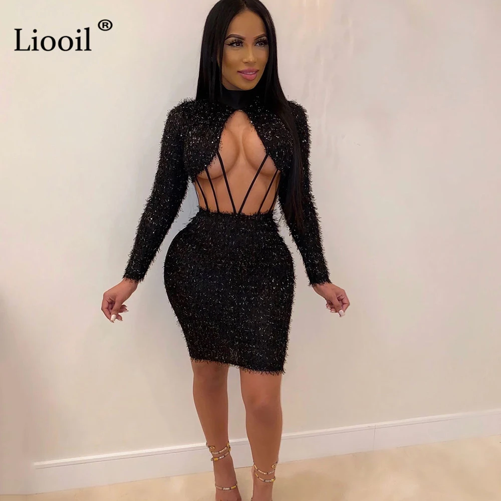 Liooil, вышитое бисером, сексуальное, облегающее, миди платье, для женщин,, длинный рукав, о-образный вырез, выдалбливают, для ночного клуба, вечерние, облегающие платья