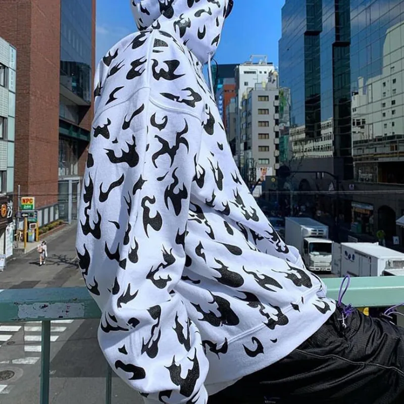Casual Fashion Flame Print Hooded Neon Women Hoodies Long Sleeve Autumn Winter Streetwear Sporty Sweatshirts Oversize Top