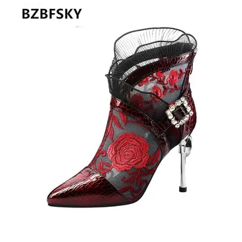 

2021 HIgh Heeled Sandal Boots Women's Shoes Woman Sexy Lace High Heels Pointed toe Thin Heel Rhinestone Black Red