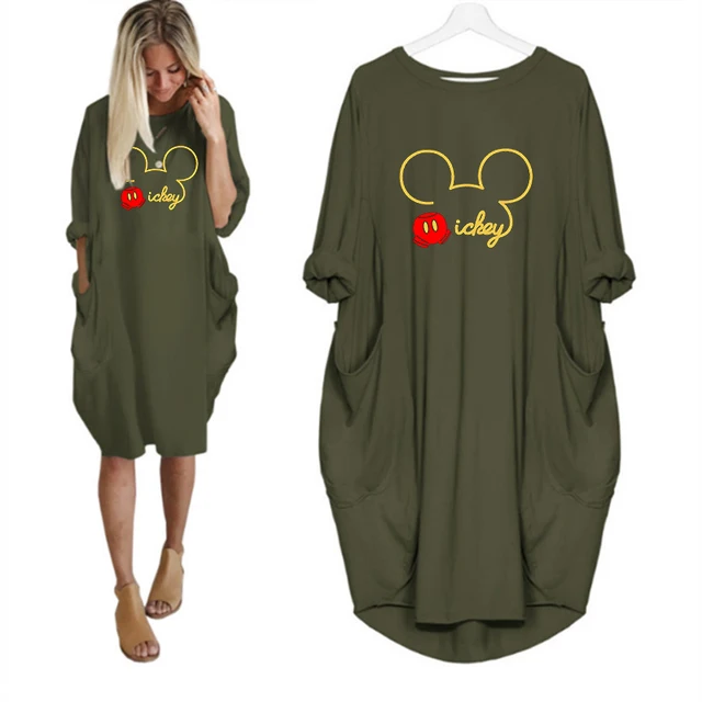 Mickey Mouse Dress for Women Casual Loose Midi Dresses Leopard Print Pocket Vintage Vestido Fall Maxi Clothes Kawaii Robe Femme D002M300 Green
