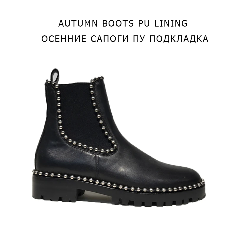 Autumn Black Boots Роскошная Брендовая женская обувь из натуральной кожи; Серебряная ЗАКЛЕПКА; женские ботильоны на не сужающемся книзу массивном каблуке; зимняя теплая плюшевая обувь без застежки для женщин - Цвет: Autumn Black Boots
