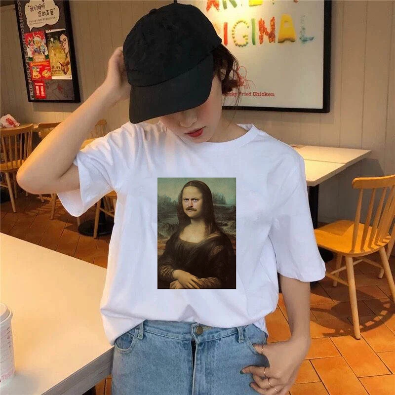 

2020 Fashion Women Harajuku Change Mona Lisa Face Printed T Shirt Casual Short Sleeve Women's T-shirt Soft Female T shirt