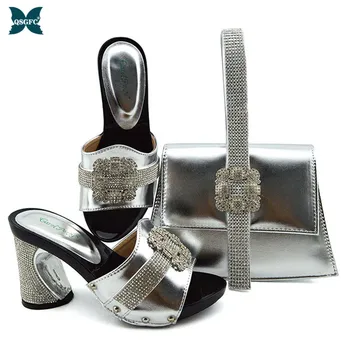 

Latest Fashion design Italian Ladies Shoes with matching Bags Set Decorated with Rhinestone Women Shoe and Bag in Silver Color