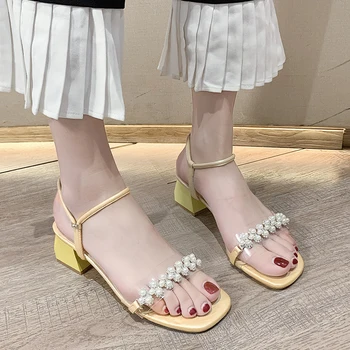 

Pearl Square Heel Sandals Women Pvc Transparent Open Toe High Heels Sweet High Heel Slip-on Sandals Summer Shoes Women 2020