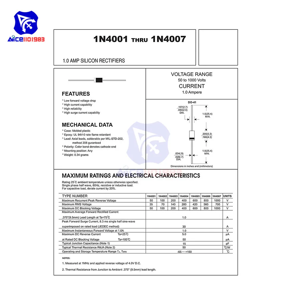 diymore 100PCS/Lot 1N4007 Diode, Diode Standard 1000V 1A Through Hole DO-41 1n4007 Rectifier Diode