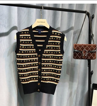 

Summer Vest 2020 Fashion Custom Handmade Four Leaf Mosaic Diamond Knitted Thin Striped Cardigan Vests