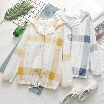 

Artistic Loose Plaid Hooded Short Coat Women's Long Sleeve Student Sunscreen Clothes Summer Tide Korean Style
