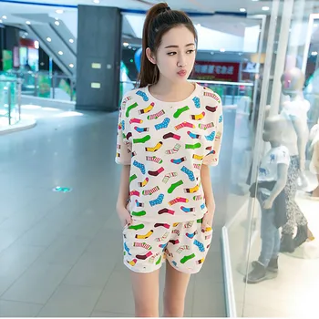 

Women's printing Pajamas Set Summer Comfortable home clothing Casual Wear suit Short sleeve shorts Sleepwear Female nightgown