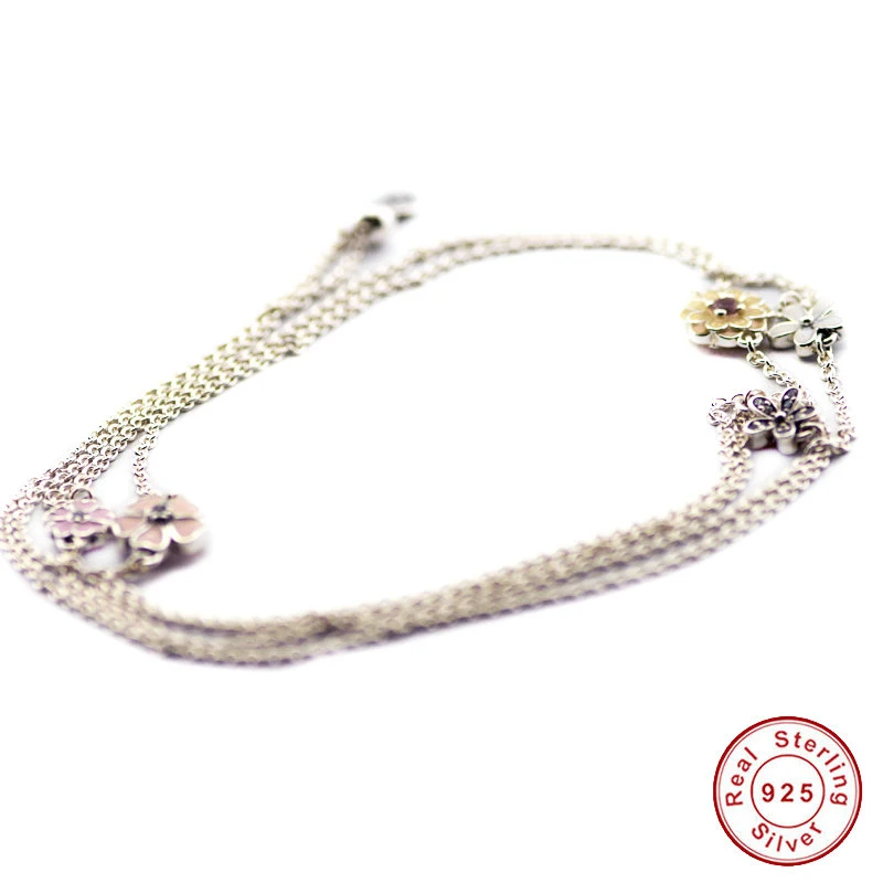 

QANDOCCI Genuine 925 Sterling-Silver-Jewelry Necklaces for Women Poetic Blooms Silver Necklace with Enamel Clear CZ