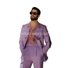 

Violet Men Tuxedos Suits/Peaked Lapel Loose Blazer Custom Made Double Breasted/Daily Causal Male Clothing 2Piece Jacket+Pant Set