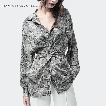 

Fashion Chiffon Printed Women' Blouse Gray Snake Skin Long Sleeve V-Neck Autumn Top Loose Plus Size Korean Casual Office Blouses