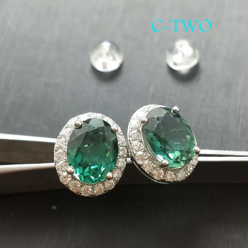 C-TWO элегантные модные простые серьги Овальные 7*9 мм зеленый камень в 925 стерлингового серебра Вечерние подарок на день рождения