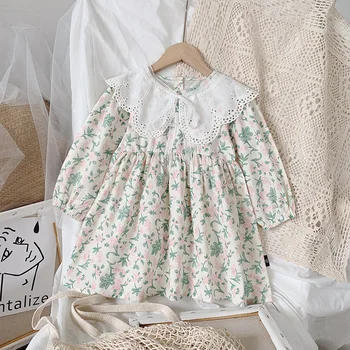 

Sweet Kids Girls Spring Autumn Floral Print Party Dress Lace Neckline Cute Candy Green Color Children Dresses