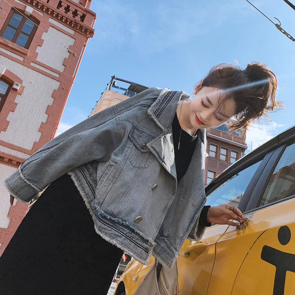

Ins2019 Spring And Autumn New Style Korean-style Hong Kong Flavor CHIC Loose-Fit Jeans Coat Women's Short Students Versatile Top