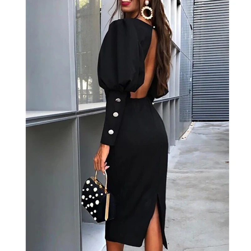 Amikafashion Summer Party Sexy Bodycon Dress Women Black Long Sleeve Open Back Dress O-Neck Button Decoration Vestidos New - Цвет: Черный