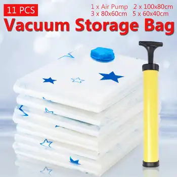 

11 Pcs Portable Vacuum Compressed Bag Home Large Clothes Storage Bag Saving Space Seal Bags Wardrobe Closet Organizer With Pump