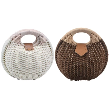 

2Pcs Snail'S Nest Tote Handbag Summer Beach Bags Woman Straw Bags Women'S Handbag Rattan Bag - White & Coffee