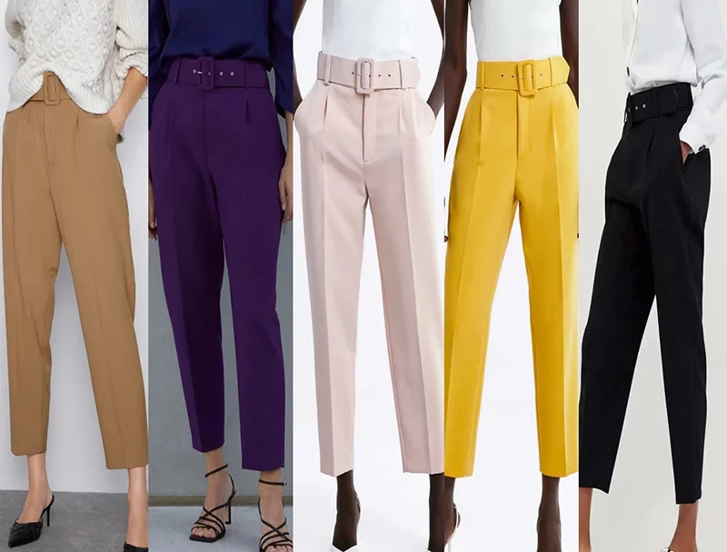 Женская мода 5 цветов Длинные ZA прямые брюки осень женские хаки Высокая талия с поясом повседневные однотонные хлопковые брюки