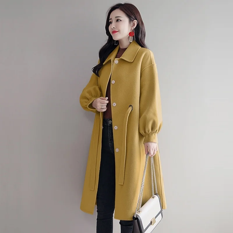 Long Elegant Wool Blends Coat Women Winter Casual Turndown Lace-Up Woolen Coat Korean Vogue Lantern Sleeve Warm Outerwear AA5080
