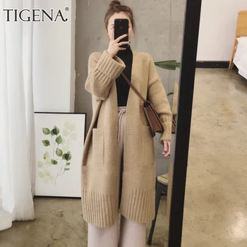 

TIGENA Casual Big Pocket Long Sweater Cardigan Women 2020 Winter Korean Long Sleeve Knit Jacket Coat Female Knitwear Clothes