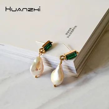 

HUANZHI 2020 New Pearl Drop Earrings for Women Geometric Freshwater Pearl Earrings Green Crystal Drop Earrings Jewelry Gifts