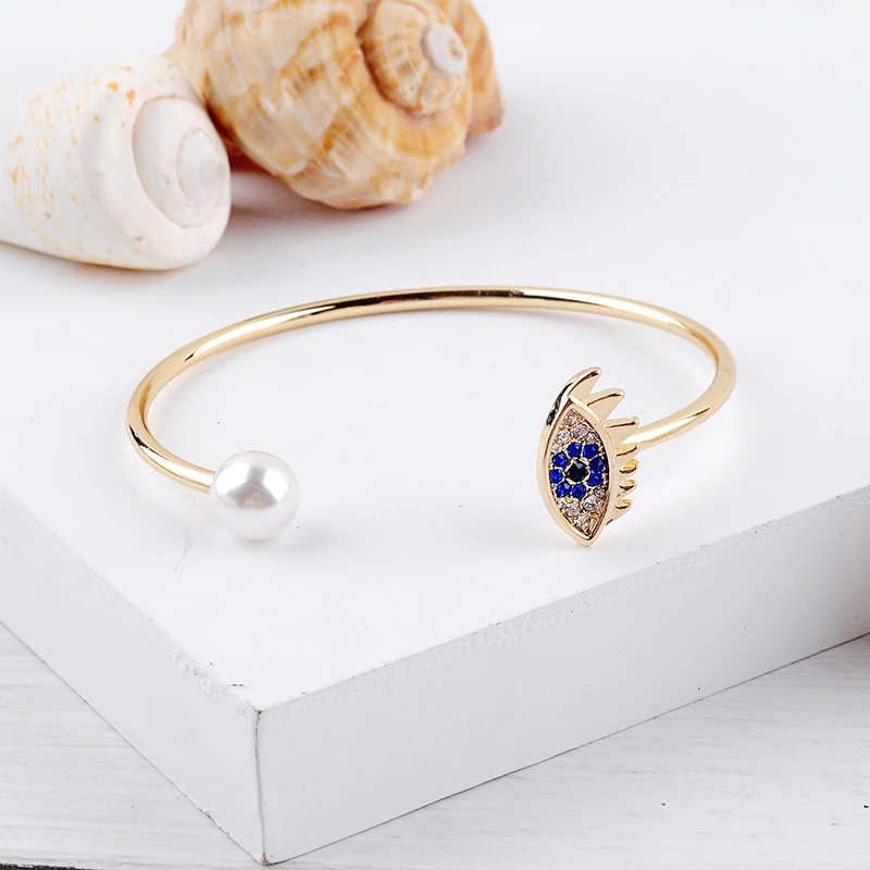 Trendy Blue Rhinestone Eye Imitation Pearl Cuff Bracelet Female New Alloy Open Bangle Indian Jewelry