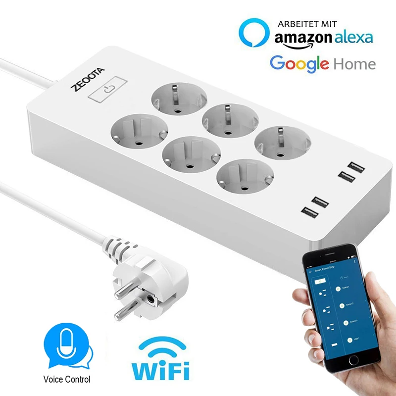 WiFi умная силовая полоса ЕС Сетевой фильтр с 6 разъемами 4 USB порта умный дом