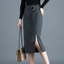 Черная Женская юбка с высокой талией, Осень-зима, шерстяная, длинная, Saia, с разрезом по бокам, с поясом, элегантная, тонкая, теплая, Женская юбка, Falda AA5178