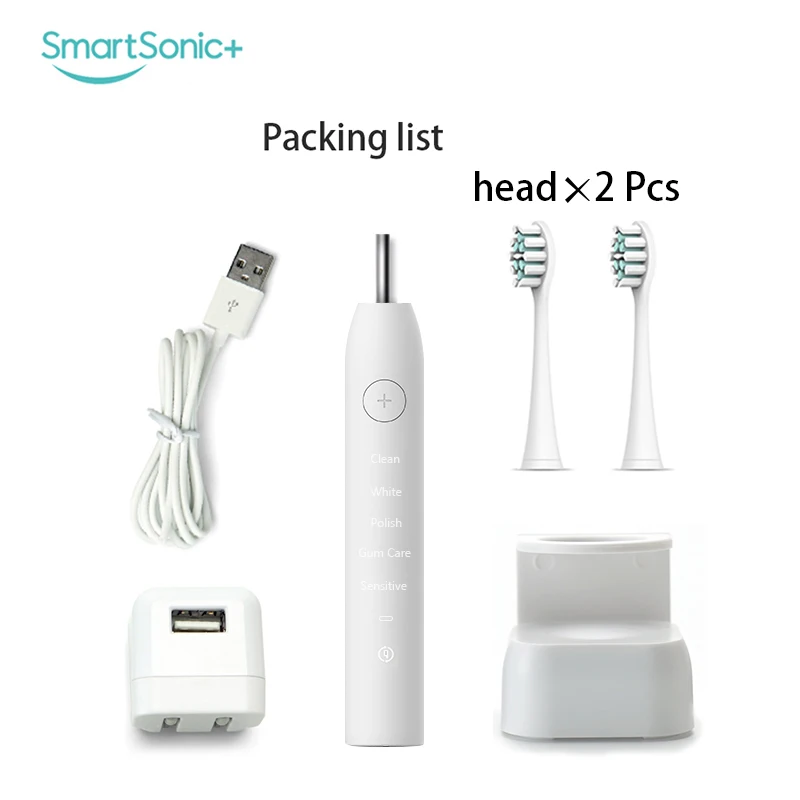 SmartSonic+ электрическая зубная щетка с зарядкой от USB, перезаряжаемая зубная щетка для ухода за зубами, зубная щетка с заменой 2 головок Dupont