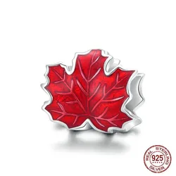 Thanksgiving Gift Canada Maple Leaf Charm 925 Sterling Silver Red Enamel Autumn Leave Beads for Women DIY Bracelets Jewelry