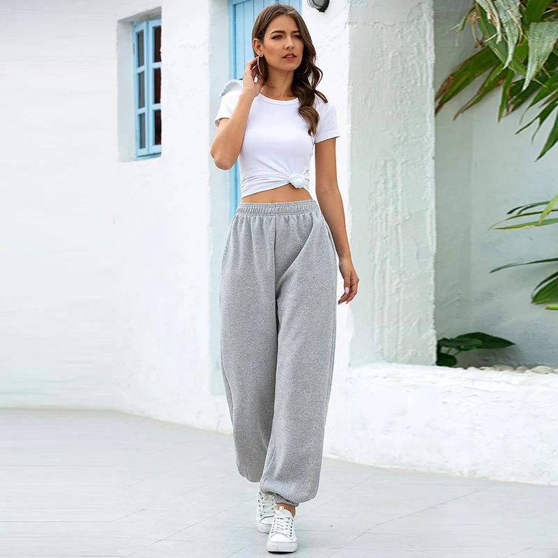 

Loose High Waist Solid Sports Trousers Casual Female Sweatpants Women Grey Elastic Waistband Pants Autumn Winter New Fashion