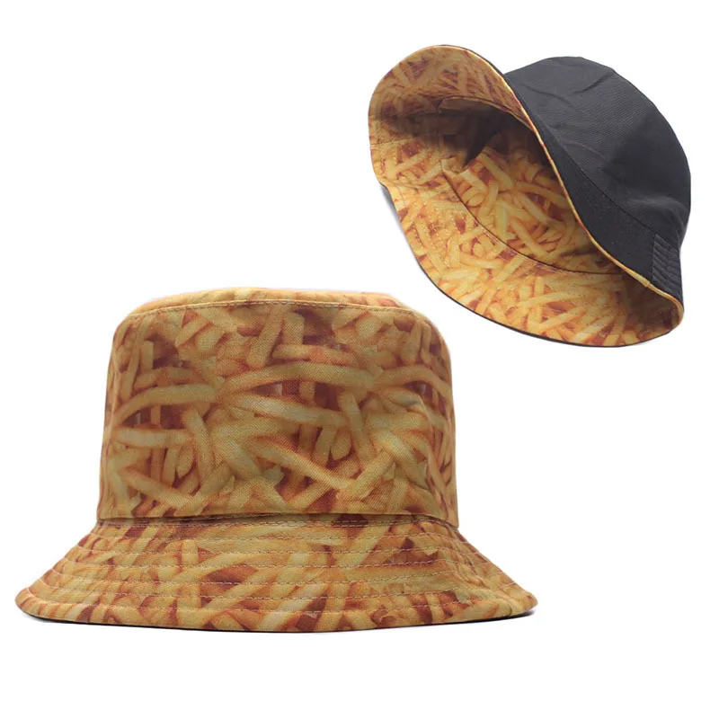 

Unisex Couple Summer Panama Bucket Hat Banana French Fries Print Wide Brim Sun Visor Hip-Hop Reversible Fisherman Cap