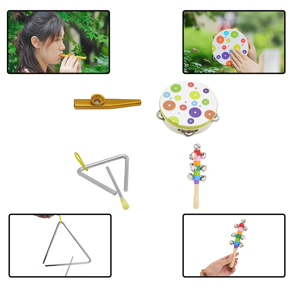 

Musical Instrument Toy Kit 19pcs/Set Include Grip Tambourine Xylophone Music Steel Triangle Wood Finger Castanets Flute