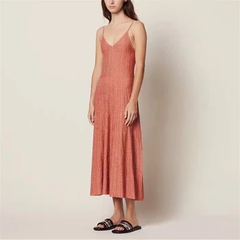 

Runway Sexy V-neck Women Party Dress Elegant Spaghetti Strap Female A-Line Knitted Vestido Pink Midi Summer Holiday Beach Dress