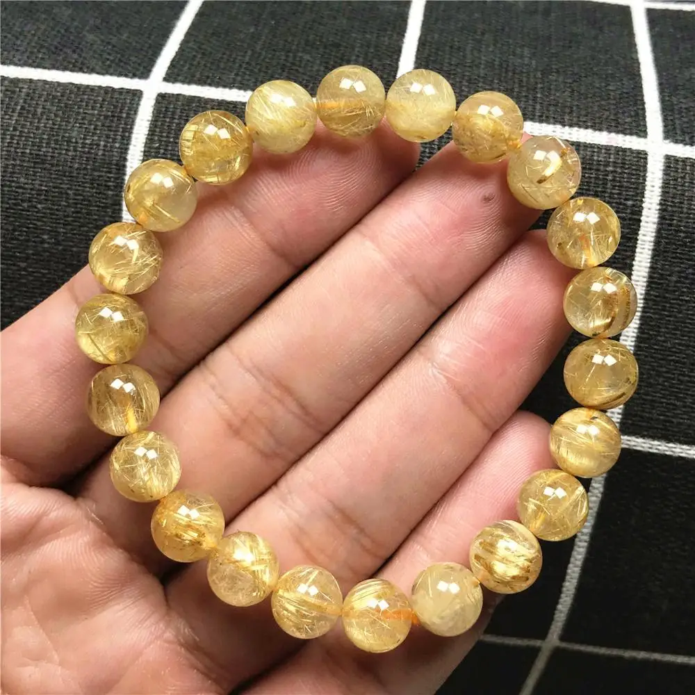 

8.5mm Genuine Natural Brazil Gold Rutilated Bracelet For Woman Lady Man Crystal Titanium Stretch Round Beads Stone Jewelry AAAAA