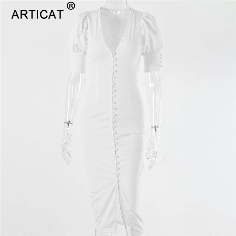 Articat глубокий v-образный вырез с пышными рукавами сексуальное облегающее платье для женщин с открытыми пуговицами разрезное длинное платье-карандаш модное дамское повседневное осеннее платье - Цвет: Белый