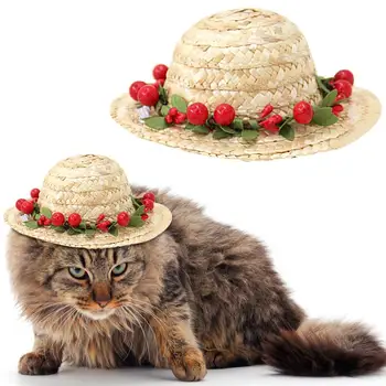 

New Arrival 2020 Multicolor Pet Flower Berry Straw Hat Dog Cat Mexican Straw Sombrero Hat Pet Buckle Costume Dropshipping