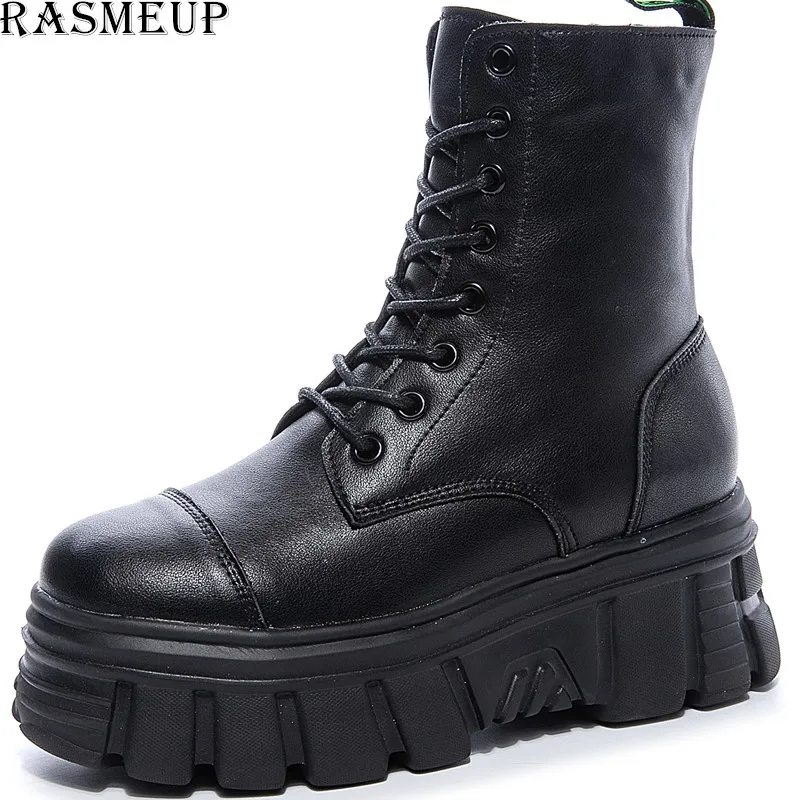 Tanie RASMEUP buty z prawdziwej skóry kobiet Martin buty platformy kobiet jesień czarne buty na motocykl wodoodporne buty na grubym obcasie